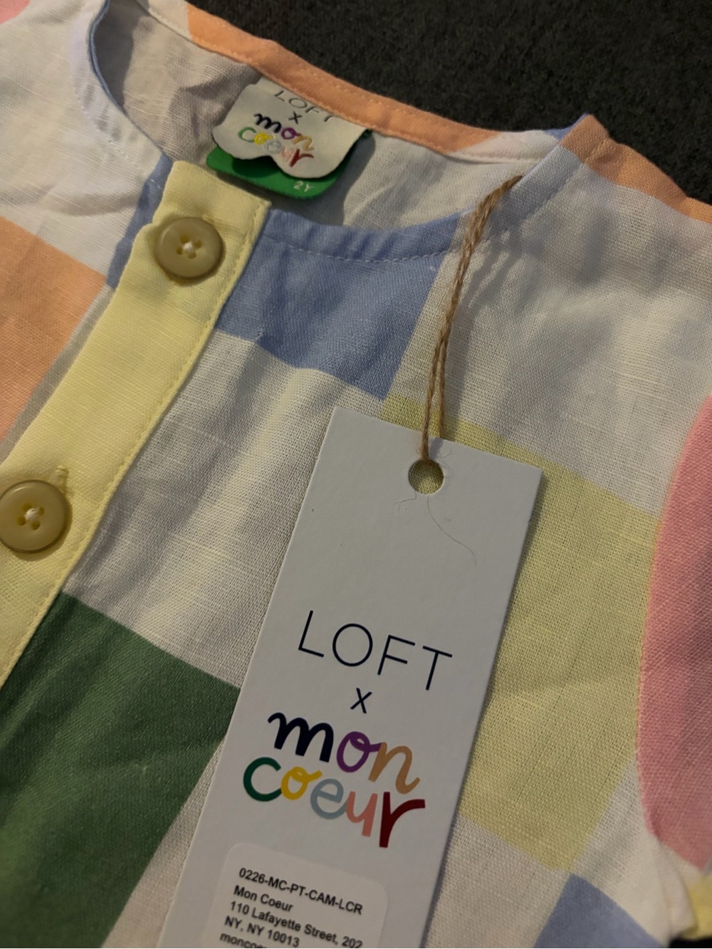 LOFT x Mon Coeur Pastel Check Linen Short-Sleeve One-Piece Bodysuit - Picture 4 of 4